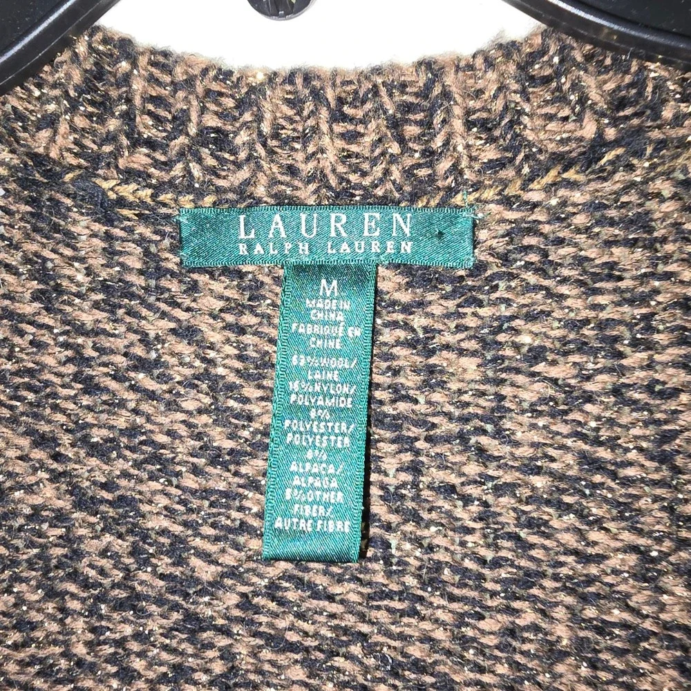 Lauren Ralph Lauren Medium Duster‎ Cardigan Sweater Knit Brown Gold Metallic